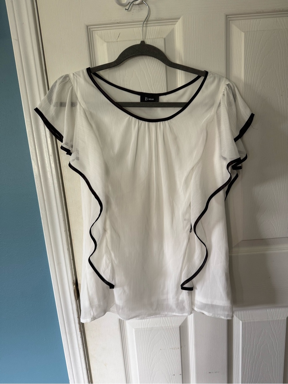 Bwear White Flutter Sleeve Blouse with Black Trim